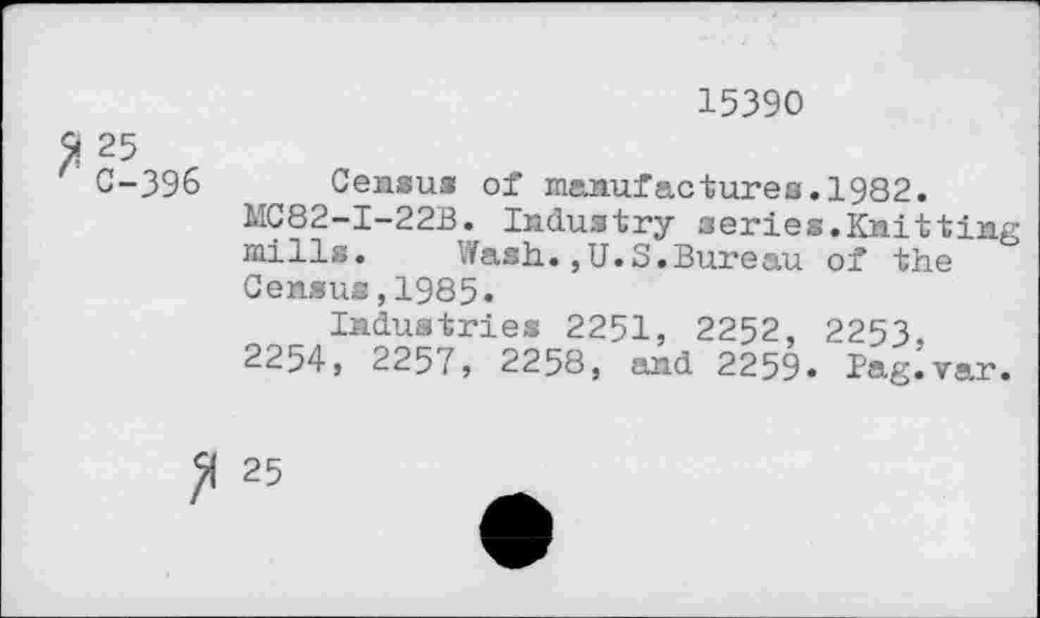 ﻿15390
9 25
С-396 Census of manufactures.1982.
MC82-I-22B. Industry series.Knitting mills.	iVash.,U.S.Bureau of the
Census,1985.
Industries 2251, 2252, 2253, 2254, 2257, 2258, and 2259« Pag.var.
25